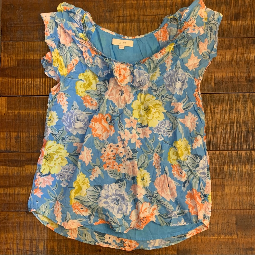LOFT Blue Floral Ruffle Shell Blouse